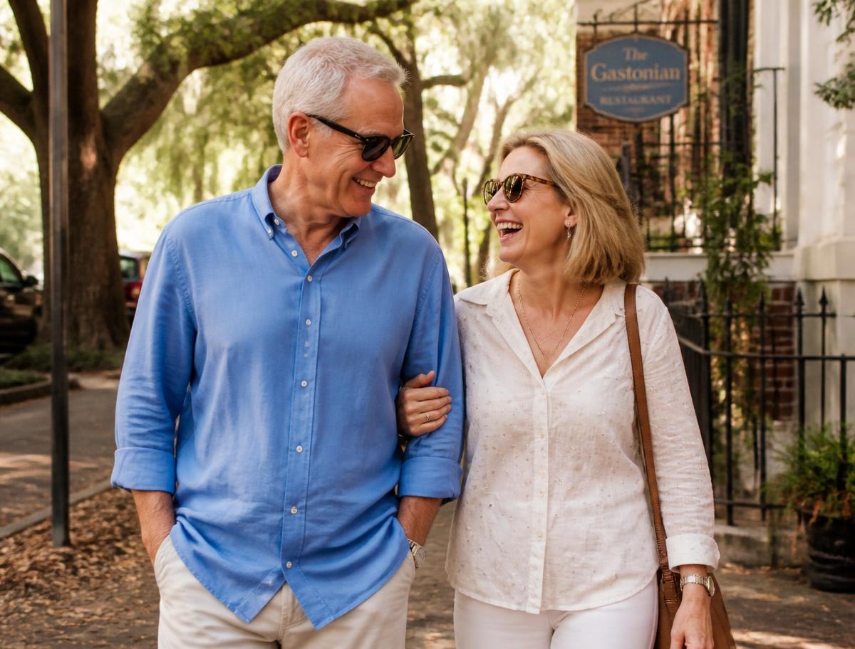 A couple walking and laughing together on a tree-lined Southern street